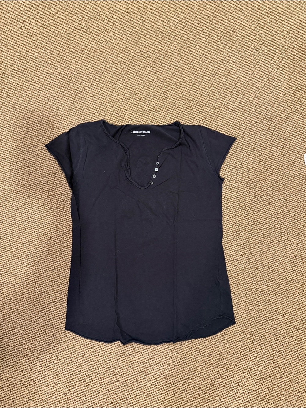 Zadig & Voltaire Black Cap Sleeve Henley Tee with Button Placket
